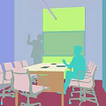 Modern Conference Room with Blue Herringbone Wall Projection Screen Standing Presenter and Seated Person