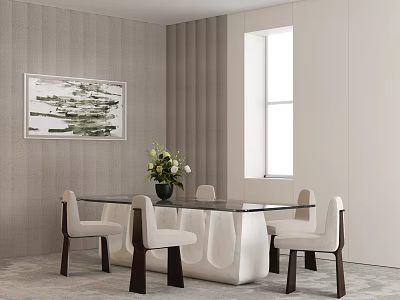 Modern Dining Table Set Glass Top White Base Light Chairs Window And Wall Art 3d model