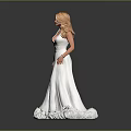 Elegant Woman Wearing White Long Dress With Deep V Neck And Fluffy Hem Against Grey Background