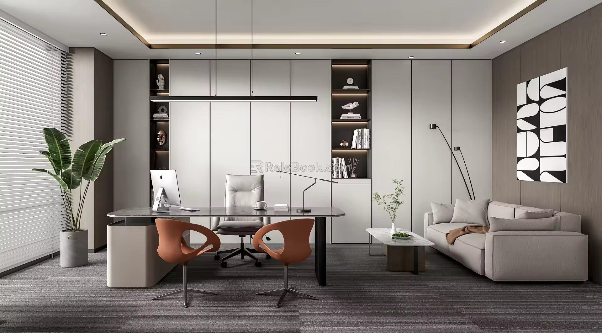 Modern Office Manager Office Desk Chair Double Sofa Chandelier Bookcase 3d model