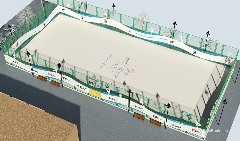 Outdoor Olympic Ice Rink With COC Logo Fencing Street Lamps And Benches 3d model 
