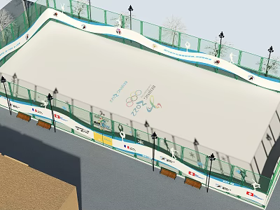 Outdoor Olympic Ice Rink With COC Logo Fencing Street Lamps And Benches 3d model