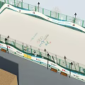 Outdoor Olympic Ice Rink With COC Logo Fencing Street Lamps And Benches