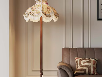 Decorative Floor Lamp with Intricate Shade and Brown Sofa with Geometric Pillow 3d model