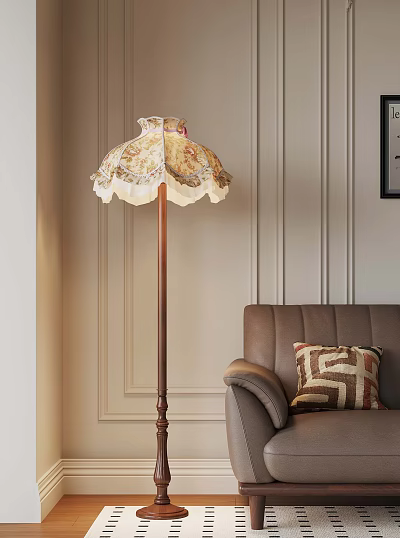 Decorative Floor Lamp with Intricate Shade and Brown Sofa with Geometric Pillow 3d model
