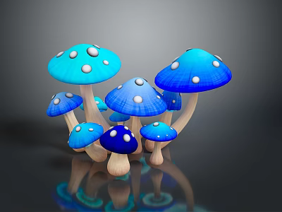 Fresh Blue Mushrooms With White Spots And Reflections On Dark Surface 3d model