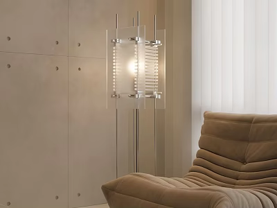 Modern Floor Lamp With Transparent Design In Living Room With Beige Wall And Brown Sofa 3d model
