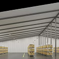 Large Warehouse Interior With Storage Shelves Cardboard Boxes And Office Workspace Area