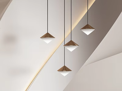 Four Modern Diamond Shaped Chandeliers With Wooden Top And White Shade In Interior Space 3d model