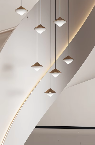 Four Modern Diamond Shaped Chandeliers With Wooden Top And White Shade In Interior Space 3d model