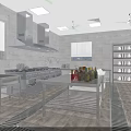 Commercial Kitchen Interior With Stainless Steel Worktables Range Hood Ceiling Fans Windows And Storage Shelves