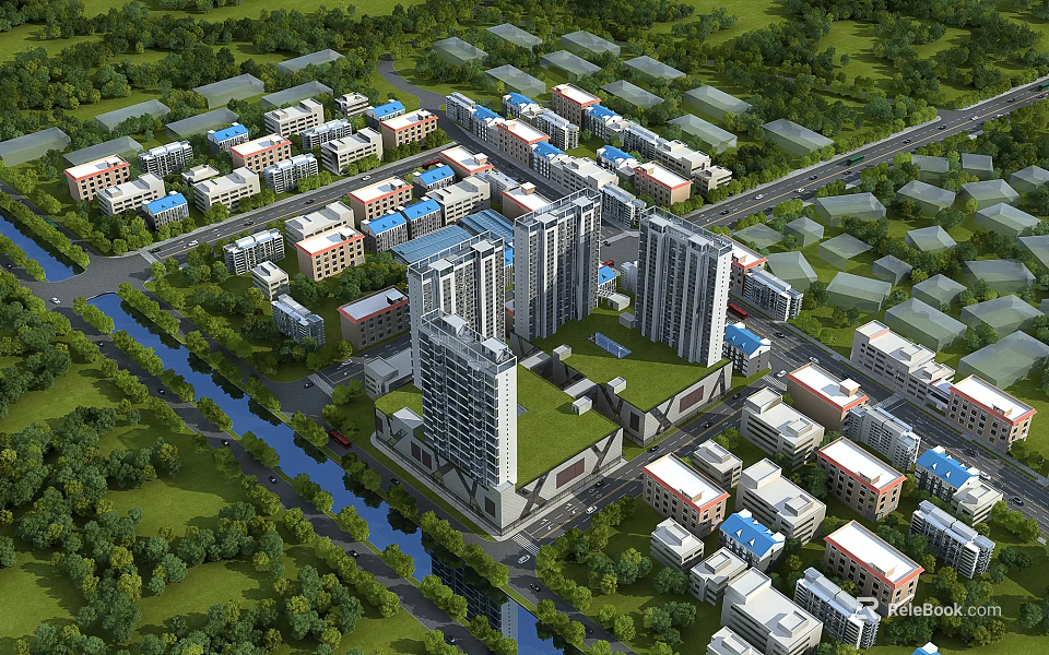 Aerial View Urban Planning With High Rise Low Rise Buildings River And Green Spaces 3d model 