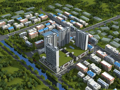 Aerial View Urban Planning With High Rise Low Rise Buildings River And Green Spaces 3d model