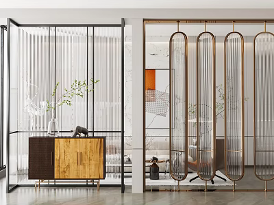 Modern Interior Partition Design With Metal Frame Glass Panels And Wooden Cabinet 3d model