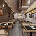 Traditional Chinese Restaurant Interior With Wooden Tables Rattan Chairs Hanging Lanterns And Menu