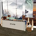 Elegant Brand Gourmet Display Table With Assorted Snacks Drinks And Landscape Backdrop