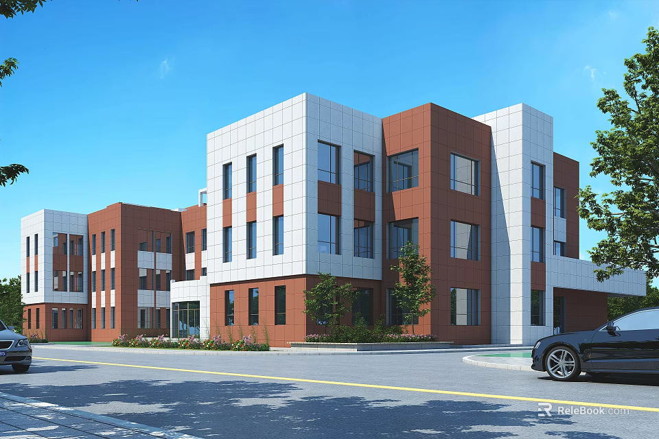 Modern School Building With Red Brick And White Facade Multi Story Windows Campus Design 3d model 
