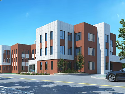Modern School Building With Red Brick And White Facade Multi Story Windows Campus Design 3d model