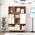 Modern Wooden Bookcase with Shelves Drawers Books Picture Frame Cactus Plant Camera Tripod Near Window