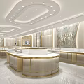 Modern Luxury Jewelry Store Interior With Gold Round Counters And Bright Lighting