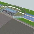 Modern Train Station Exterior Featuring Curved Glass Roof And Green Lawn Spacious Square Design