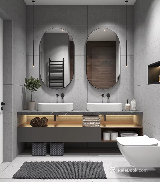 Modern Bathroom Interior With Double Sinks Oval Mirrors Gray Tiled Walls And Wooden Accents 3d model 