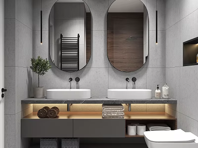 Modern Bathroom Interior With Double Sinks Oval Mirrors Gray Tiled Walls And Wooden Accents 3d model