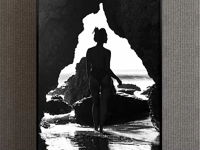 Black and White Female Figure Painting At Cave Beach With Rocks And Seawater 3d model