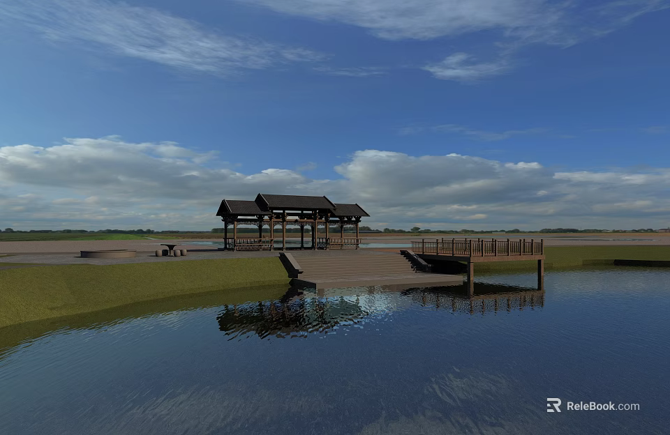Garden Landscape Featuring Wooden Pavilion and Boardwalk Over Reflective Water and Blue Sky 3d model 