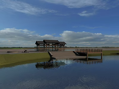 Garden Landscape Featuring Wooden Pavilion and Boardwalk Over Reflective Water and Blue Sky 3d model