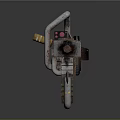 Futuristic Sci Fi Gun With Metallic Structure Complex Components And Caution Label