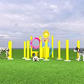 Pet Interaction Area With Agility Poles Hoops And Dogs Playing On Green Grass
