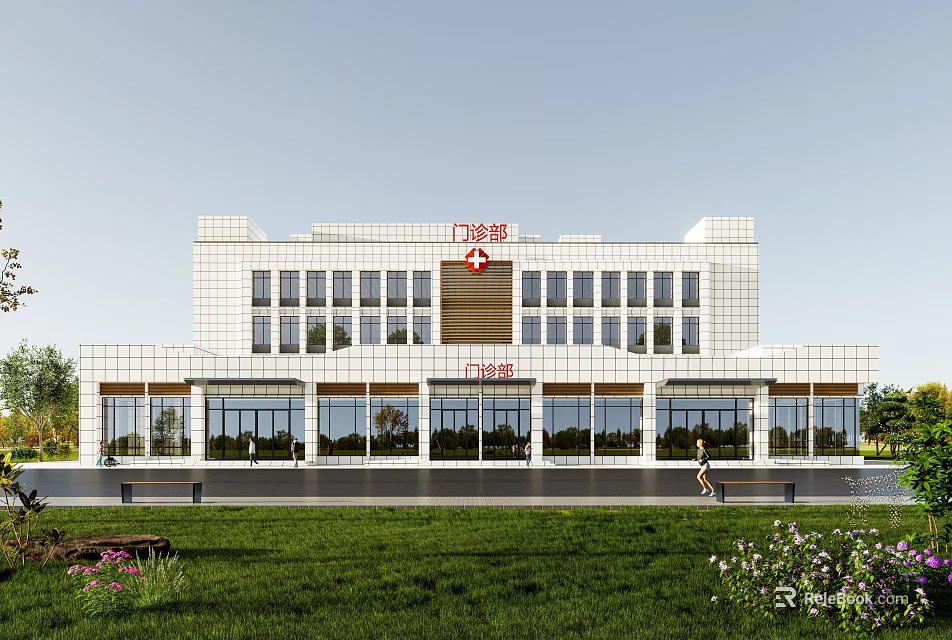 Modern Outpatient Building Exterior With White Facade Large Glass Windows And Lawn Area 3d model 