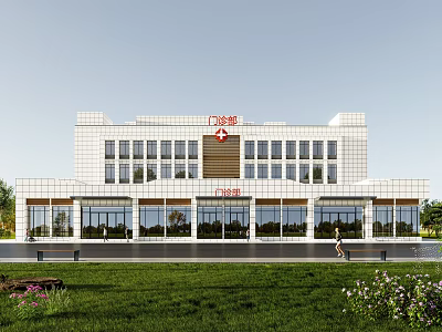 Modern Outpatient Building Exterior With White Facade Large Glass Windows And Lawn Area 3d model