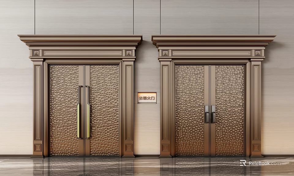 Luxurious Bronze Textured Double Doors With Decorative Frames And Entrance Sign 3d model 