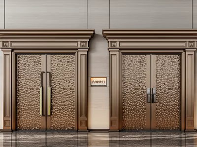 Luxurious Bronze Textured Double Doors With Decorative Frames And Entrance Sign 3d model