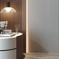 Elegant Modern Sofa Background Wall With Round Decorative Painting Wooden Panels Wall Lamps White Cabinets