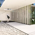 Modern Garden Landscape Design With Trees Pathway Water Feature And Building Exterior