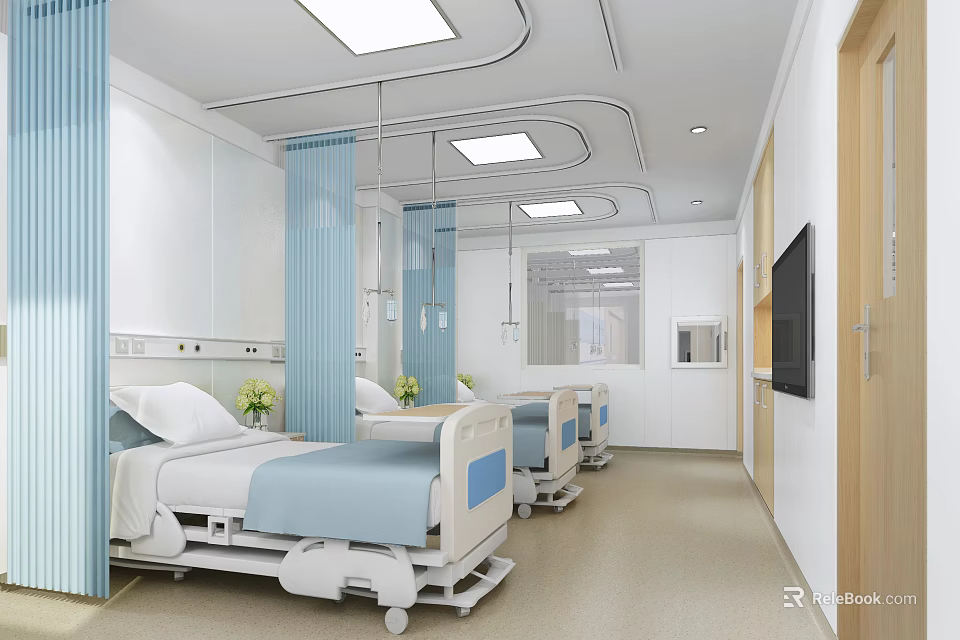Modern Hospital Ward Interior With Blue Curtains White Walls And Medical Beds 3d model 