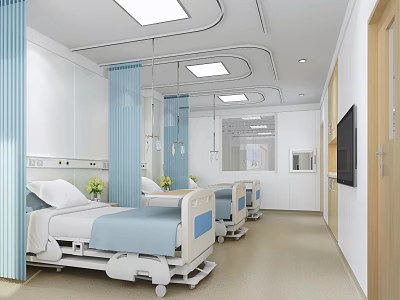 Modern Hospital Ward Interior With Blue Curtains White Walls And Medical Beds 3d model