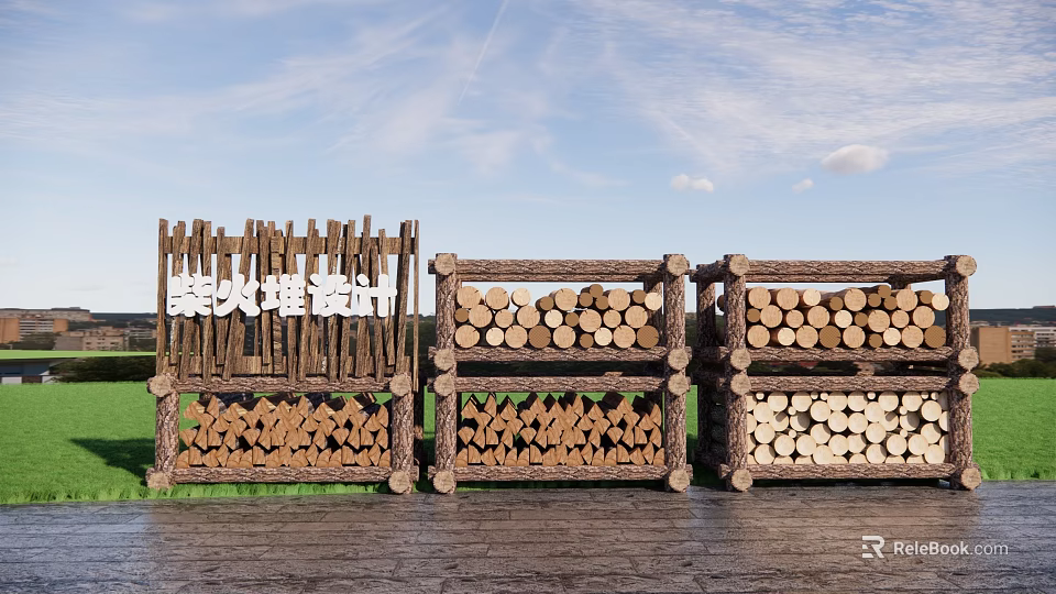 Garden Firewood Storage Racks Wooden Frames Stacked with Logs and Split Wood 3d model 