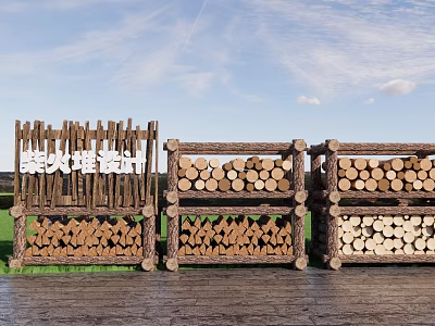 Garden Firewood Storage Racks Wooden Frames Stacked with Logs and Split Wood 3d model