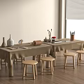Beige Tablecloth Dining Table with Wooden Stools Vase Cups and Window Blinds on Wooden Floor