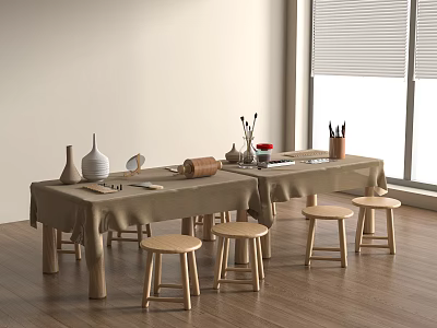 Beige Tablecloth Dining Table with Wooden Stools Vase Cups and Window Blinds on Wooden Floor 3d model
