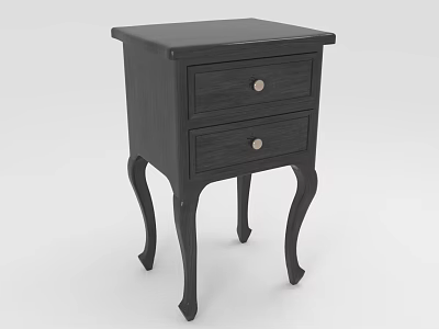 Black Bedside Table With Two Drawers Metal Knobs And Curved Legs Design 3d model