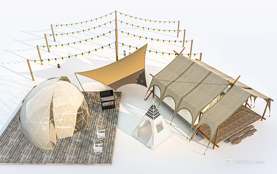 Various Outdoor Camping Tents With String Lights And Dome Teepee Canvas Structures 3d model 