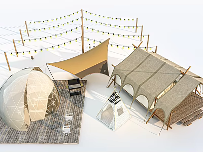 Various Outdoor Camping Tents With String Lights And Dome Teepee Canvas Structures 3d model