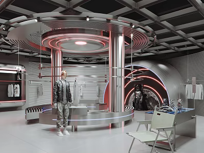Futuristic Clothing Store with Silver Metal Structures Circular Platform Hanging Clothes Lighting Design and Mannequin 3d model