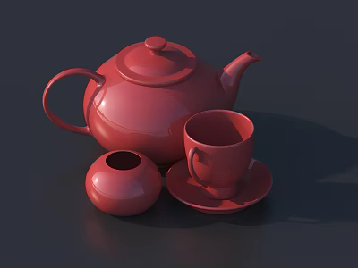 Red Tea Set With Teapot Teacup Saucer And Small Jar On Dark Background 3d model