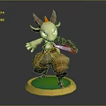 Small Horned Game Movie Character Holding Sword Standing On Green Circular Base